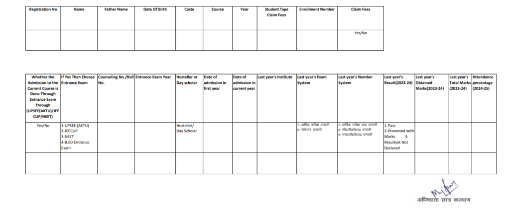 UP Scholarship Proforma Pdf